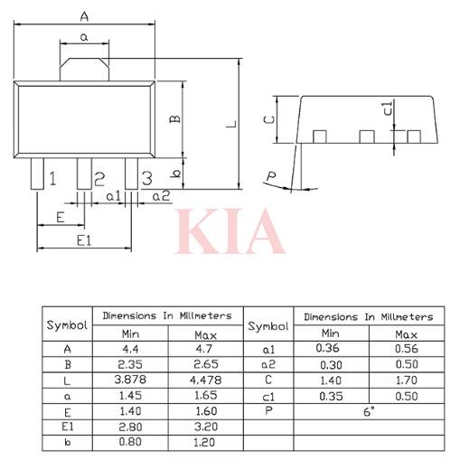 sot-89,sot89封裝尺寸圖,sot封裝-KIA MOS管